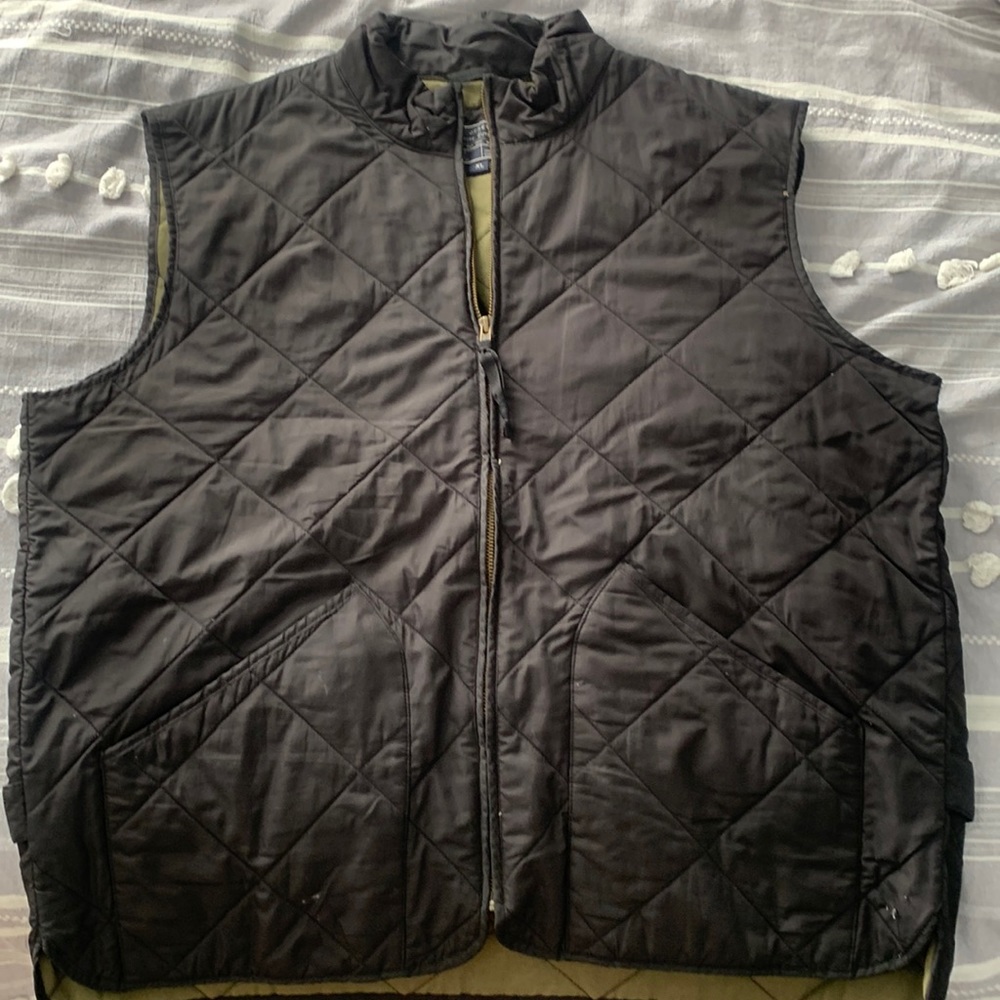 J Crew black vest with green liner.